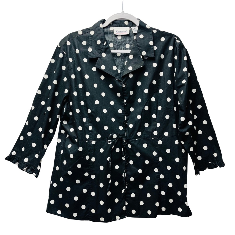 Westbound Blouse XL Black White Polka Dot Cotton 50s Retro Classic Mod Office